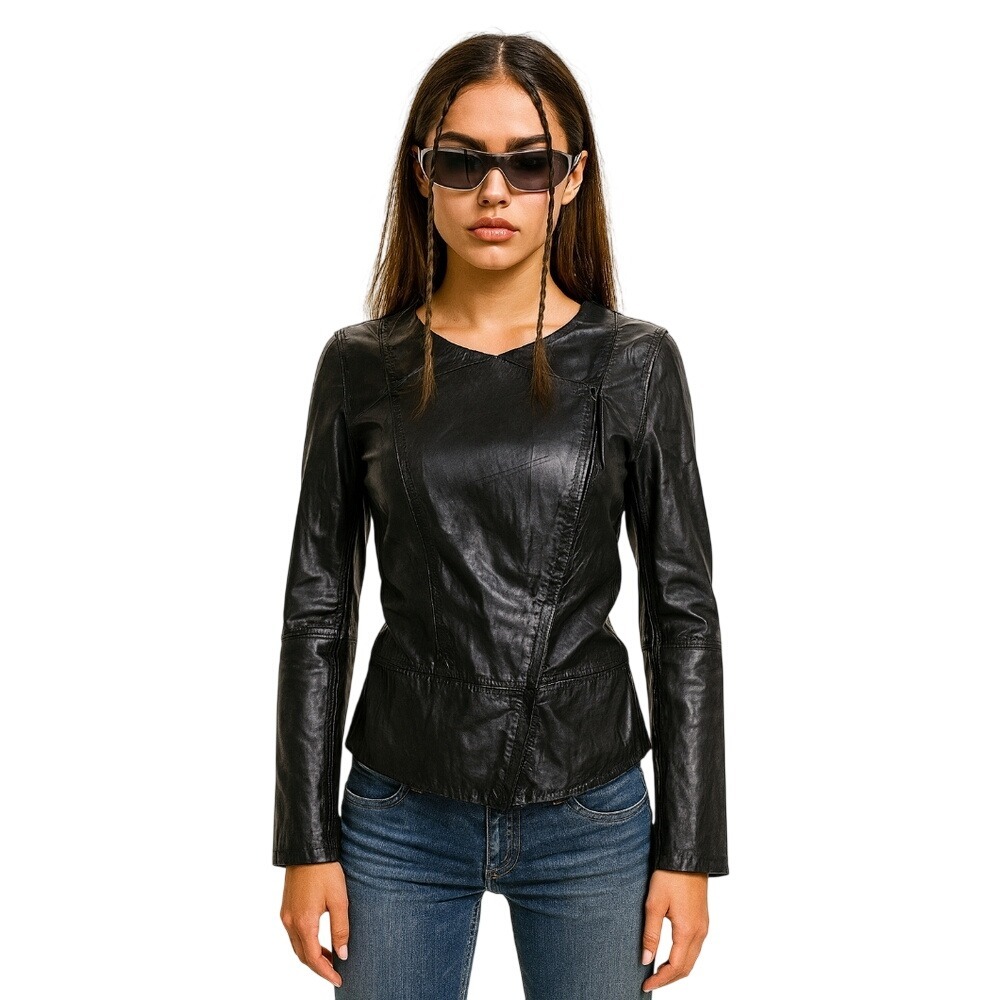 Max Studio Y2K Black Faux Leather Asymmetrical Collarless Moto Jacket